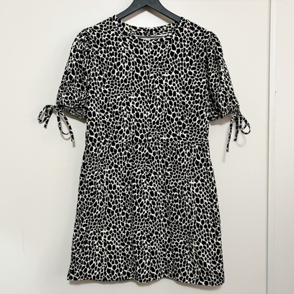 Topshop Animal Leopard Print Dress Women's 2 Black Tan Tie Sleeves Round Neck - Picture 1 of 10